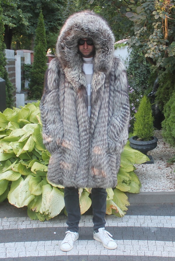 Men's 100% Ranch American Silver Fox Fur Jacket With Hood Coat