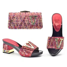 Set Shoes And Bags High Heel 7.5 CM Design Italian Rhinestones Wedding Women New