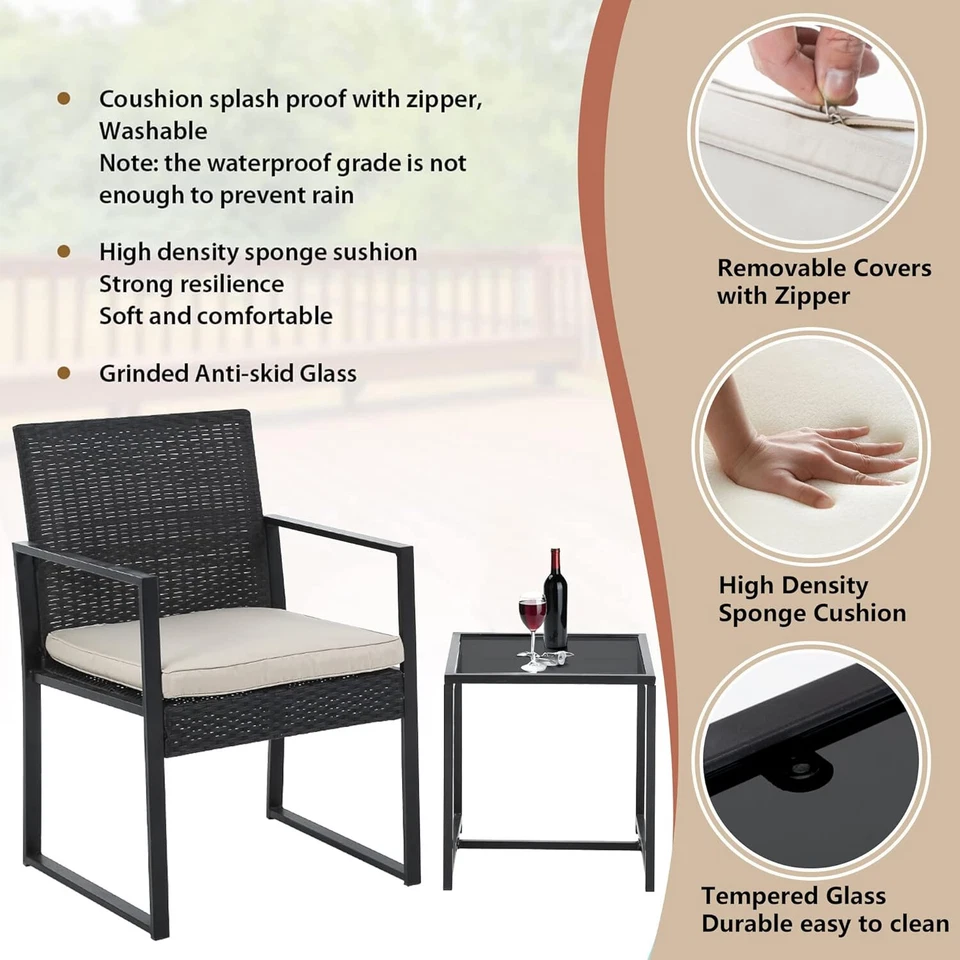 Juego de 3 piezas de mimbre para muebles de patio juego de sillas de bistró juego de ratán al aire libre Foto 3 de 4