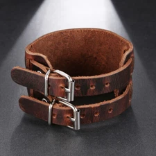 Men Punk Wide Adjustable Genuine Leather Belt Bracelet Cuff Bangle with 2 Buckle