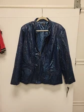 Elementz Woman 3X Jacket Blue Faux Leather Croc Print Full Zip Plus Size Coat