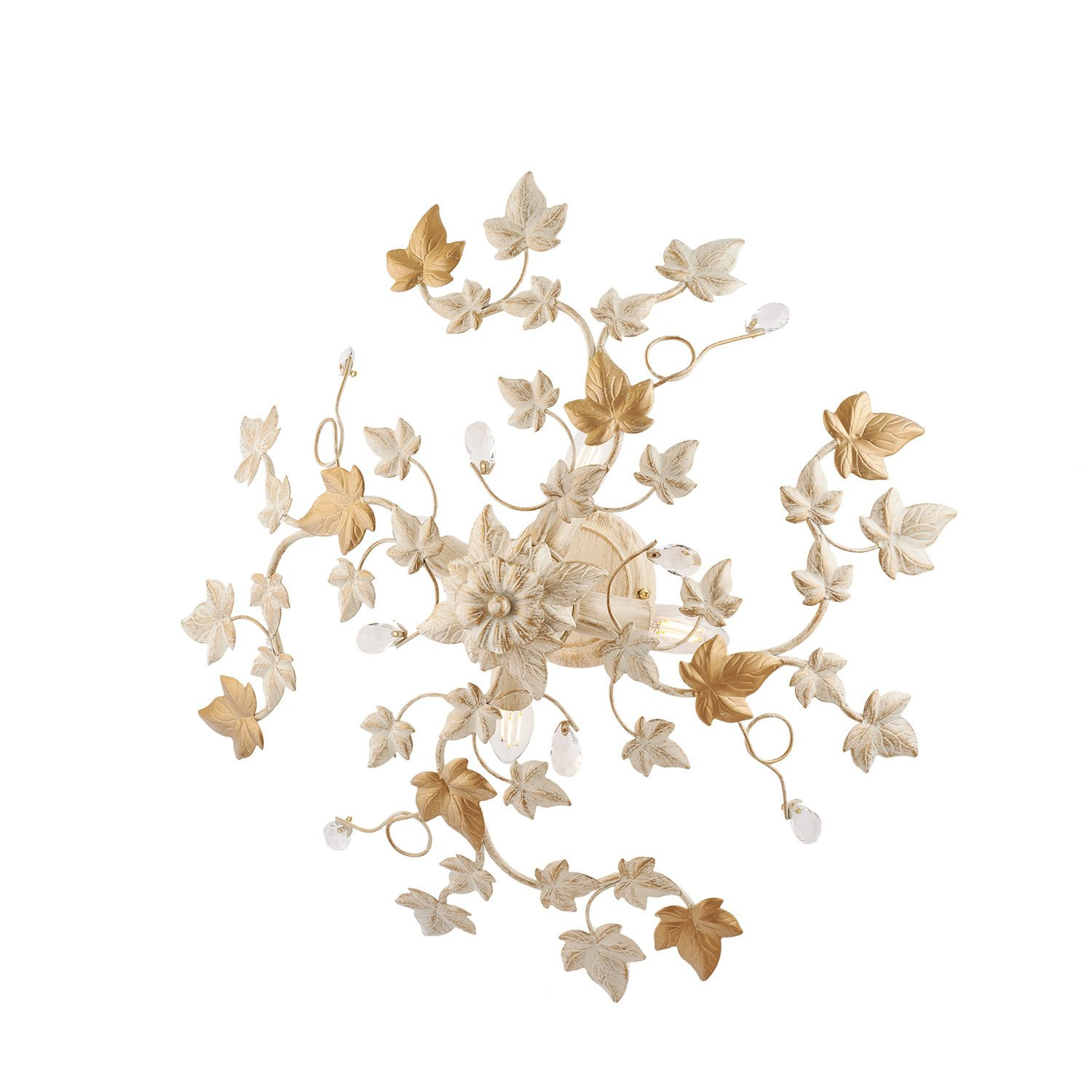 Plafoniera 4 Luci Edera Shabby Chic Avorio e Oro in Ferro Battuto