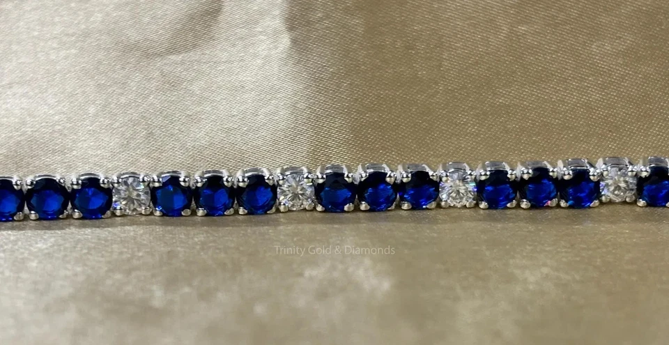 Brazalete tenis diamante zafiro natural redondo de 12,00 quilates oro blanco de 14 quilates 7 pulgadas Foto 4 de 4