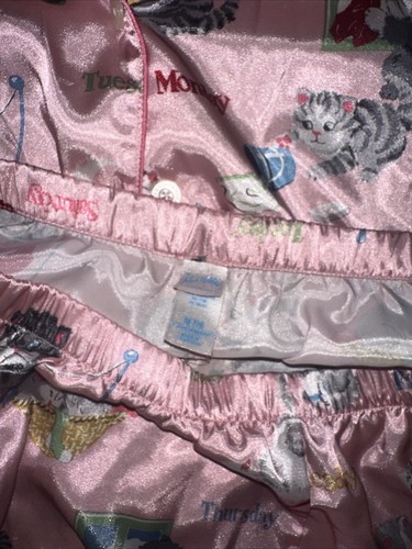 Girls Nick & Nora Pink Cats Kittens Days Of Week 2 Pc Satin Pajama Set M 7/8 - Picture 4 of 5