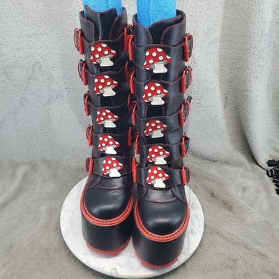 YRU Shoes Womens Size 7 Black Faux Leather Gothic Mushroom Platform Tall Boots