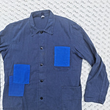 Vtg French Workwear Chore Utility Coat Work Jacket Herringbone Patched Blue - 54