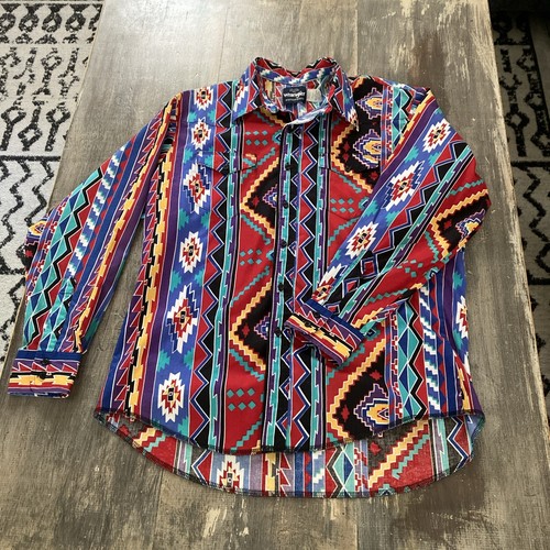 Wrangler Men's Vintage Western Long Sleeve Sz XL Colorful Aztec Rodeo Cowboy