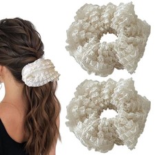 Oversized Layered Lace Scrunchies for Women Girls, French-Inspired 3pcs White