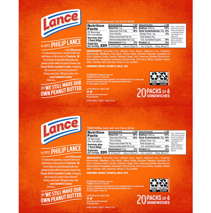 Lance Toastchee Peanut Butter Crackers Individual Wrapped (1.52 Oz., 40 Ct.)