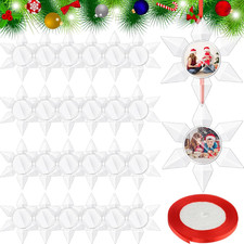 48 Pcs Christmas Clear round Frame Ornaments with Red Ribbon, Acrylic Blank roun