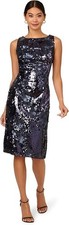 Adrianna Papell Navy Blue Floral Sequin Mesh Midi Cocktail Dress Size 2 $298