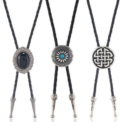 3Pcs Metal Flower Stone Jewelry Bolo Tie Western Leather Rope Necktie Necklace
