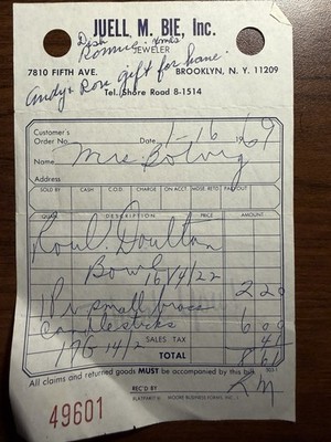 Juell M Bie Inc Jeweler 7810 Fifth Ave Brooklyn New York NY Vintage Receipt 1969