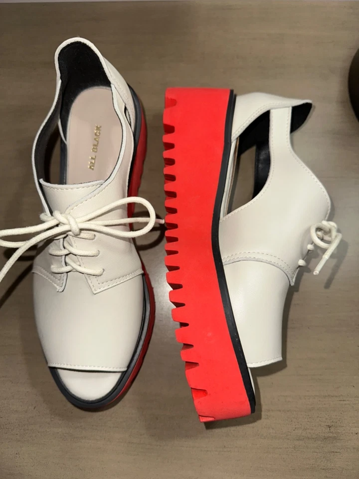 New ALL BLACK Leather Open Toe Flatform oxfords shoes EU 38.5 US 8 White - Image 4 of 4