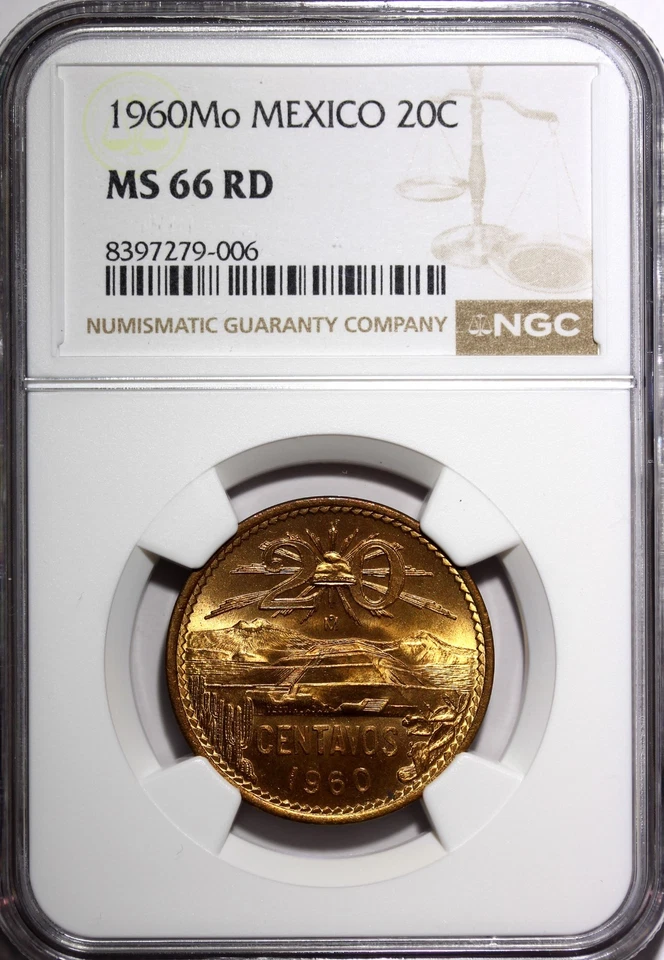 MÉXICO Bronce 1960 Mo 20 Centavos NGC MS66 RD BONITO ROJO COMPLETO BU KM# 440 (006) Foto 2 de 4