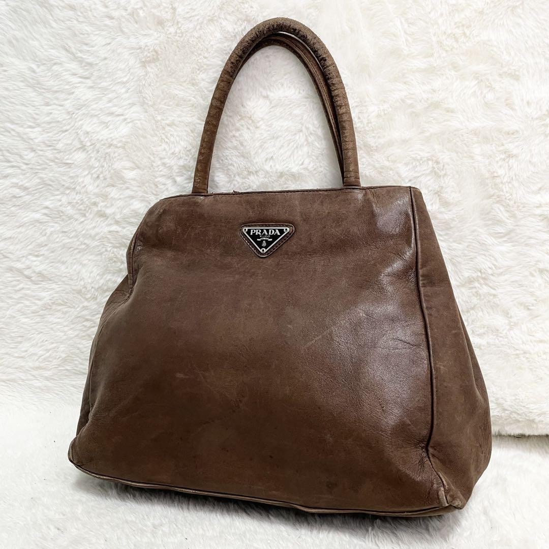 Prada Large Leather Tote Bag with Triangle Logo Plate Multifunctional Spacious Rare