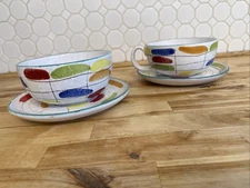 Italy Hand Painted Glazed Terracotta Plate, Bowl Soup Cereal Or Lg Coffee Pair