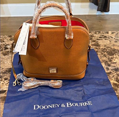 Dooney & Bourke Brown Satchel Top Handle Zip Bag Gold Hardware Strap Dust Bag