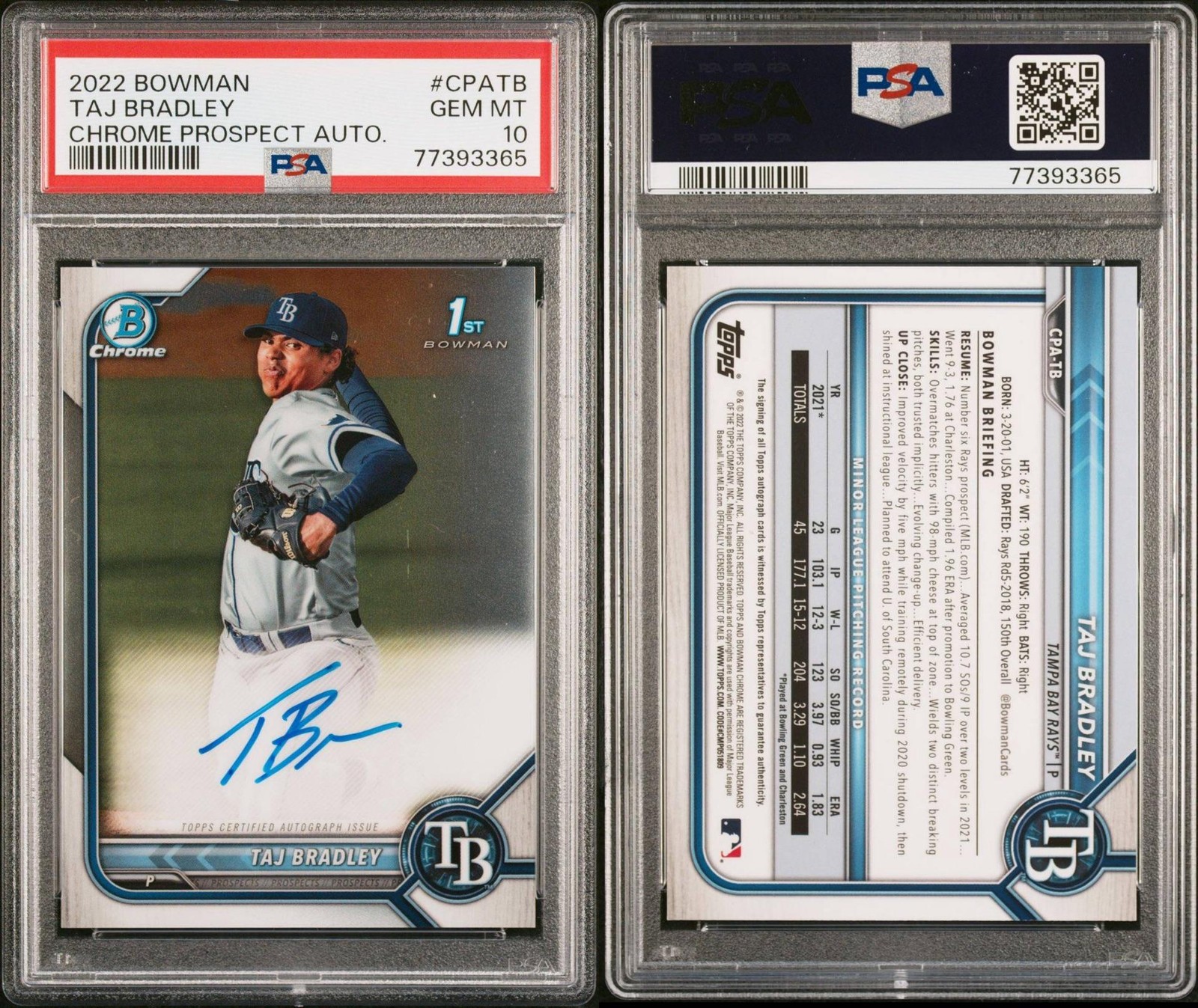 2022 Bowman #CPA-TB Taj Bradley Chrome Prospects Autographs PSA 10
