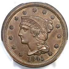 1845 N-6 R3 PCGS MS62BN CAC Braided Hair Large Cent Coin 1c