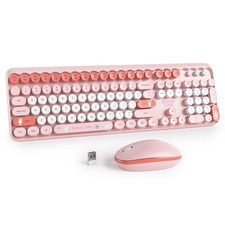 Bunny Pink Cute Wireless Retro Typewriter Keyboard Mouse Combo Round Keys