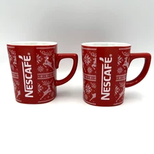 Vintage Nescafe Two Mug Set Christmas Reindeer Sweater Design Nestle Collectible