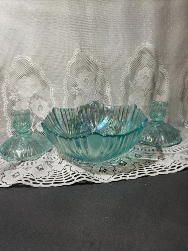 Fenton Iridescent Scalloped Mermaid Leaf Green Serving Bowl Candle Holder Lot 3