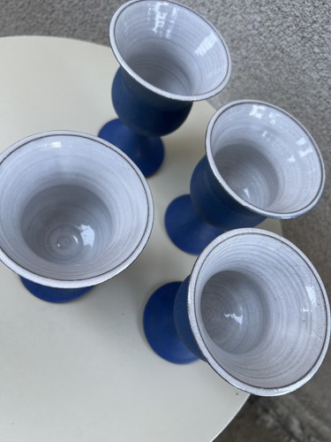Vtg Pedestal Goblets Pottery Wine Cups Blue White Set 4 5 1/4” - Picture 4 of 9