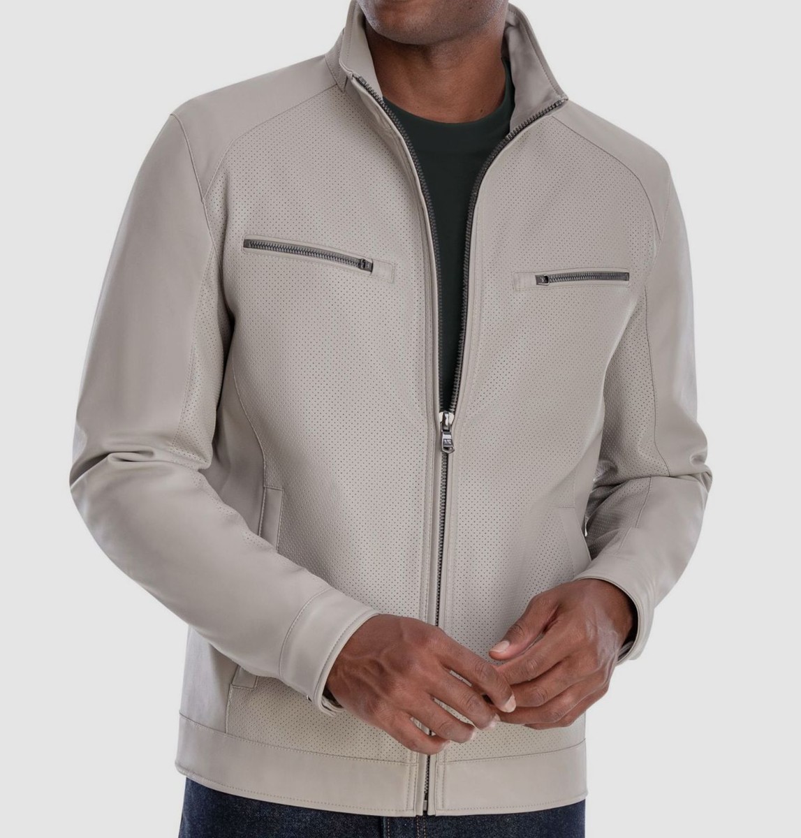 $225 Michael Kors Men's Gray Perforated Faux Leather Moto Coat