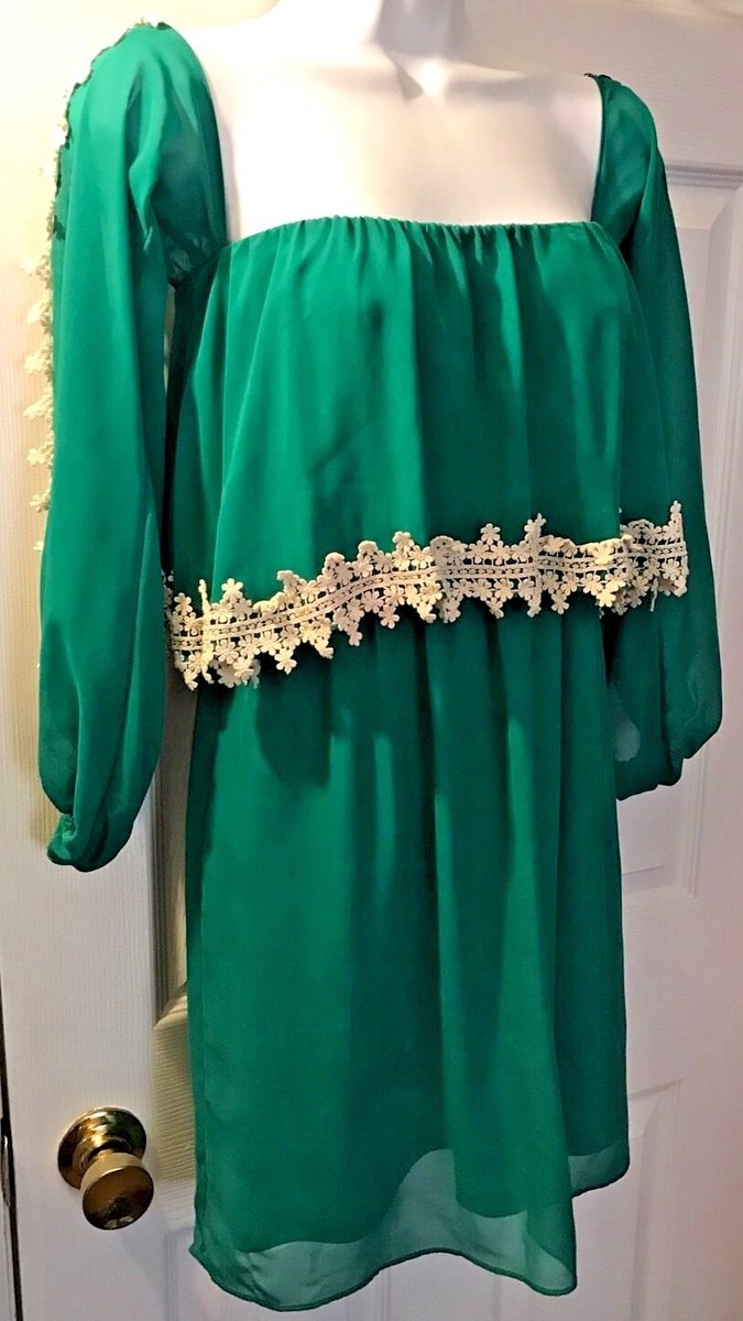 JUDITH MARCH Off Shoulder Dress Tunic Kelly Green Ivory Crochet Floral Sz M