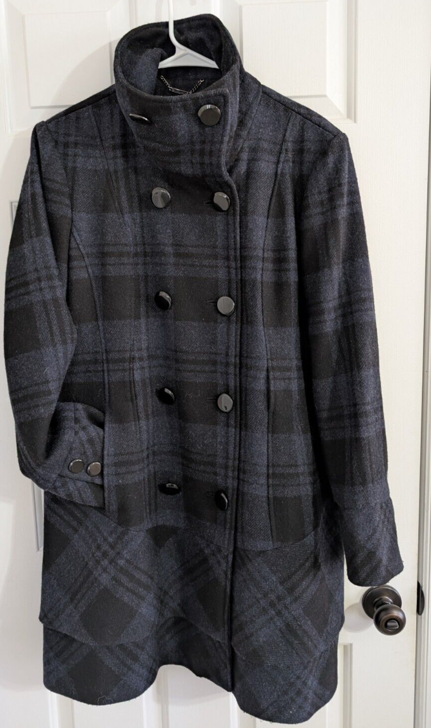 ALTRA Cappotto doppiopetto donna Worthington nero e blu a quadri Pea Coat taglia XL