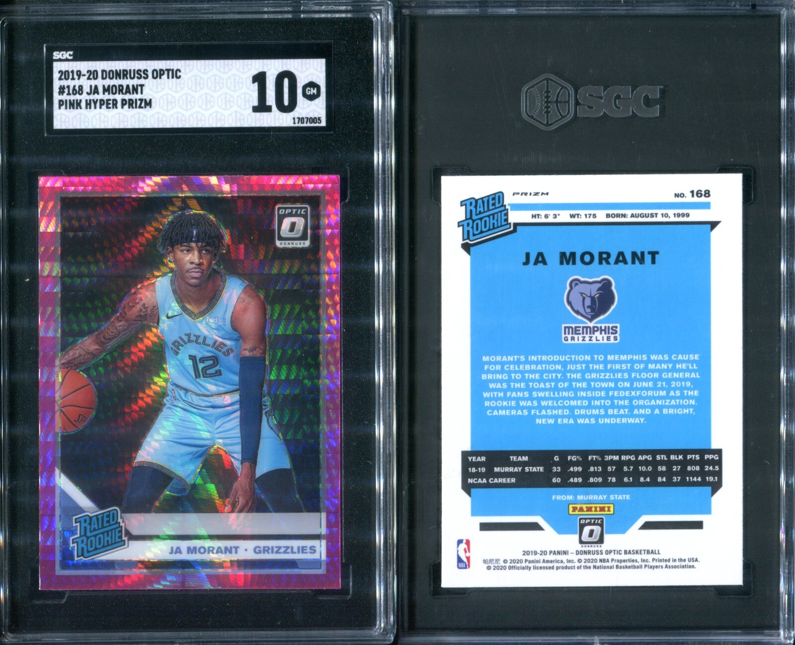 SGC 10 2019-20 Donruss Optic Hyper Pink #168 Ja Morant RC Memphis Grizzlies