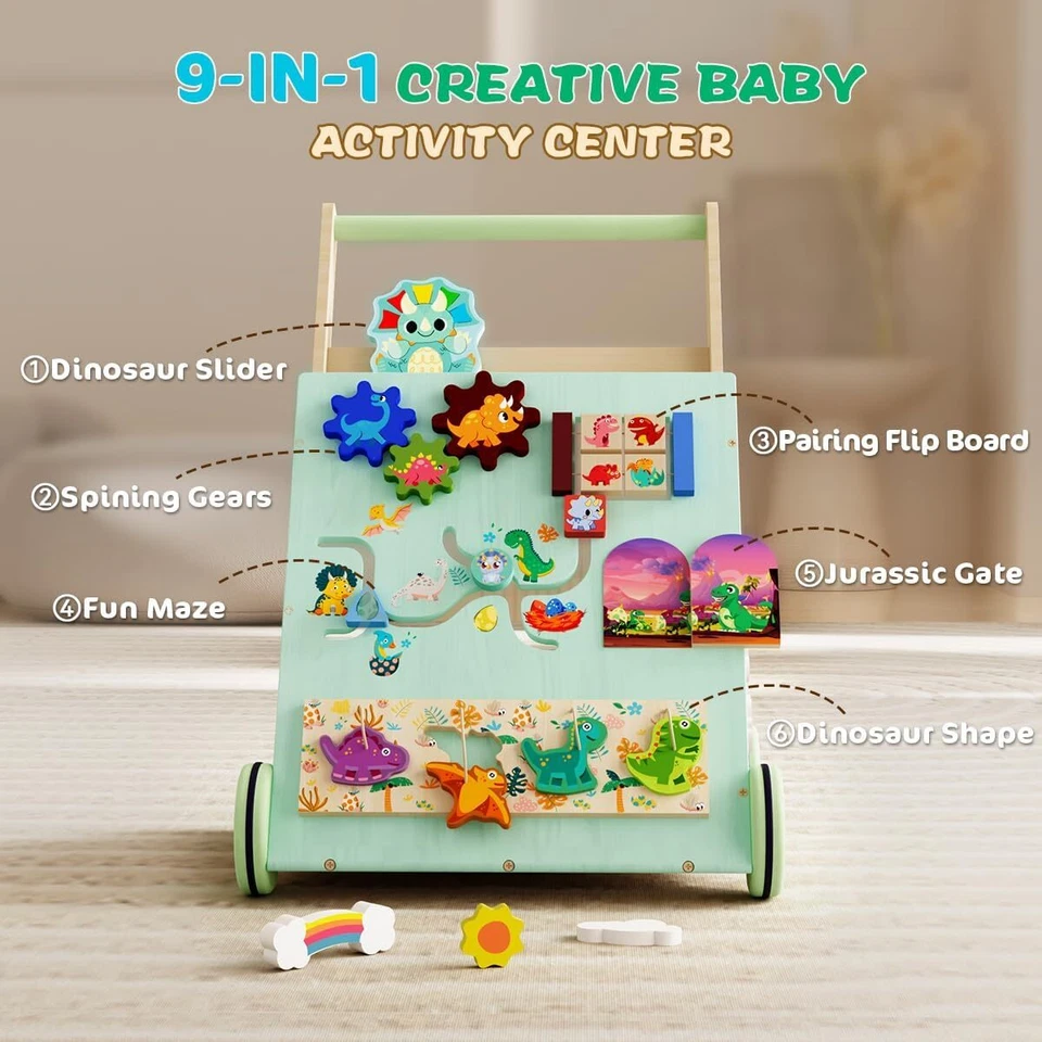 Andador de madera para bebés, andador de empuje para niños pequeños dinosaurios, educativo multifuncional EE. UU. Foto 3 de 4