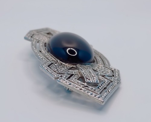 Vintage Cabochon Collar Brooch MCM 1980s Oval Black Stone Silver Tone Brooch Pin - Picture 4 of 8
