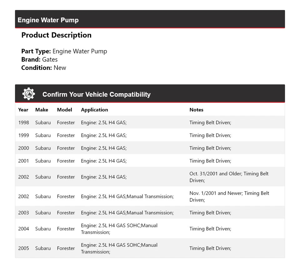 Para Subaru Forester 1998-2005 Motor Bomba Agua Puertas 1999 2000 2001 2002 2003 Foto 2 de 4