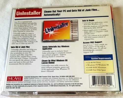 Vintage 1999 McAfee Uninstaller Windows 95 98 PC Clean Utility Free Space CD ROM - Picture 3 of 4