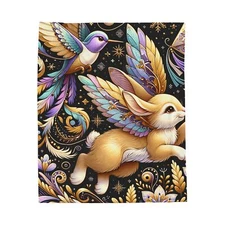 Velveteen Plush Blanket Cute Whimsical Bunny Hummingbird Snowflakes