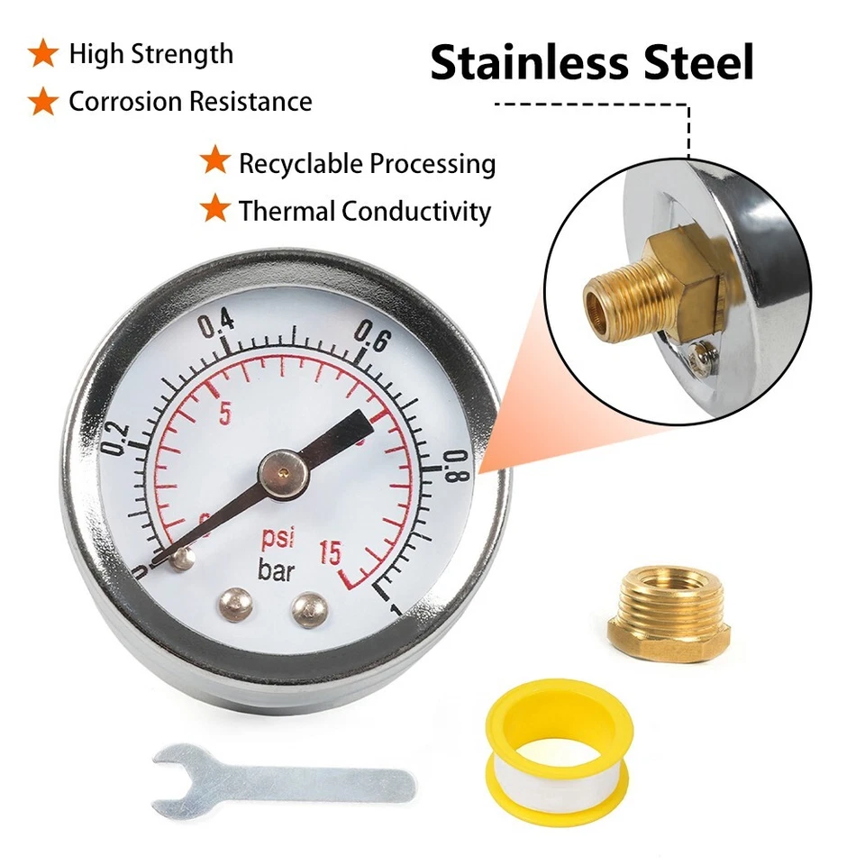 1/8 IN NPT Pressure Gauge 0-15 PSI with 3/8 IN Back Mount 1.5 IN Face Diameter - Image 3 of 4