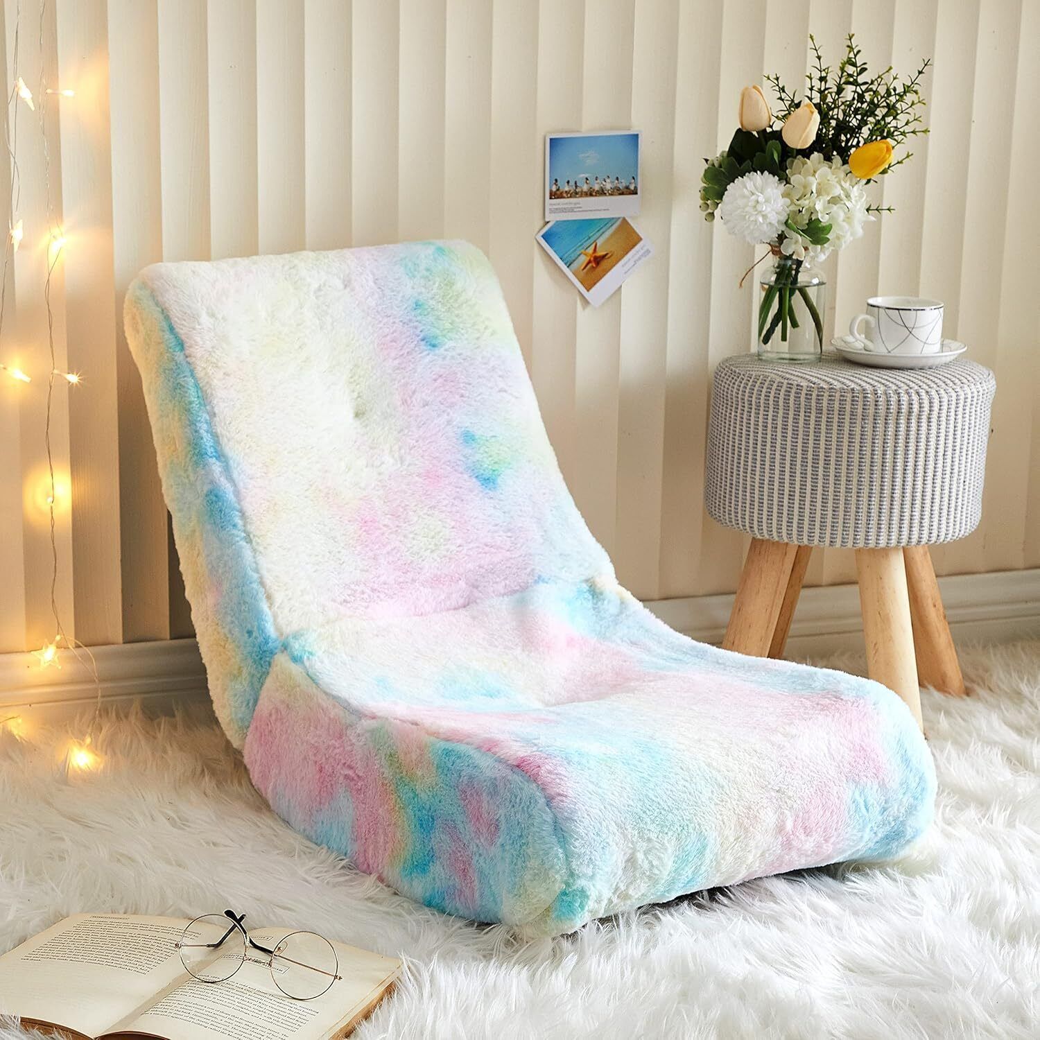 Rainbow Faux Fur Kids Gaming Rocker Chair 21D x 16.1W x 23.2H Floor Seat