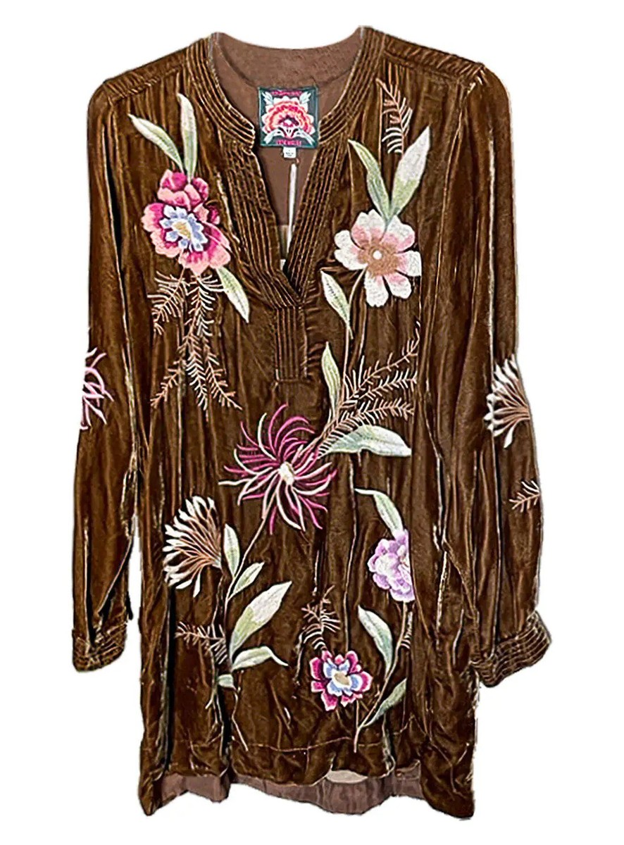 Johnny Was Meriah Velvet Duster Coat Long Floral Embroidery Jacket