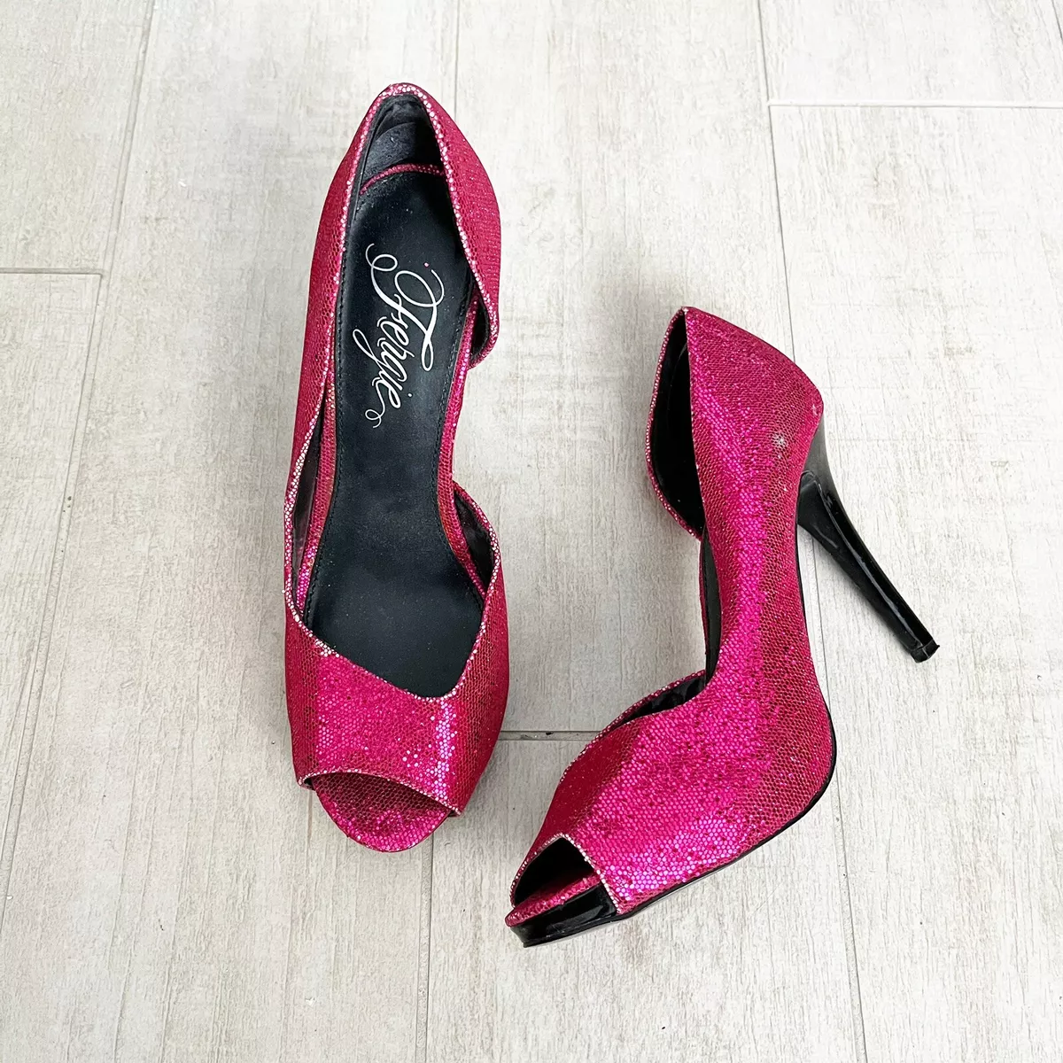 Fergie Hot Pink Metallic Sparkly Glitter Peep Toe Heel Pumps Size 8.5