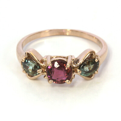 1,3 ctw natürlicher Alexandrit & rosa Turmalin massiv 14k Roségold 3 Stein Ring