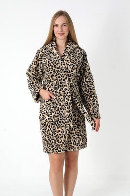 Bademantel Damen Kurz Leo Muster Kuschelig Warm Weich Kapuze M-XL