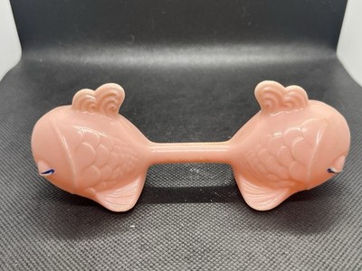 Knickerbocker 1950s Celluloid PINK FISH BABY RATTLE Barbell Shape 5 1/4'' ~ RARE!