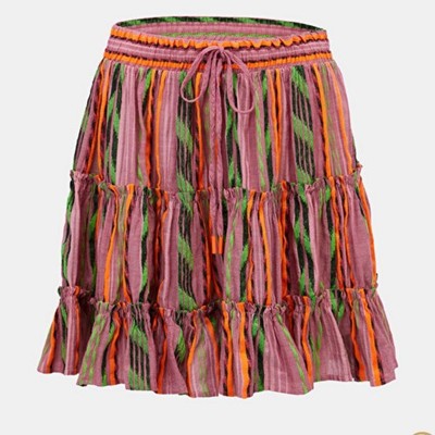 Devotion Twins Pink  OrangeGreen Woven Striped Tiered Mini Skirt S NWT $229