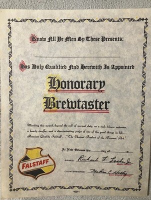 Falstaff Brewmaster Signed Certificate From The New Orleans Brewery