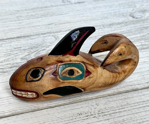 Northwest Native American Carving - 4” Whale With Two Seals Wood