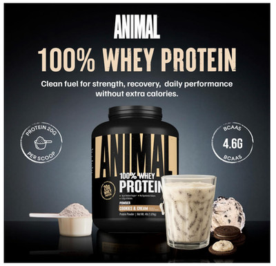 Animal 100% Whey Protein Cookies & Cream 4lb BCAA Low Sugar Blend