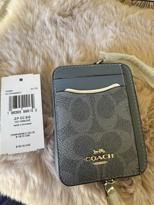 NWT Coach CW883 Zip Card Case In Signature Canvas In Silver