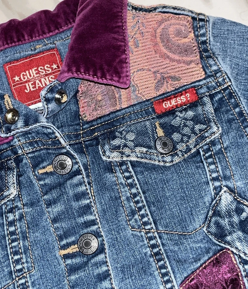 Guess Jeans Niñas 5 Chaqueta Denim Terciopelo Patchwork Bordado Y2K Retro Boho De Colección Foto 2 de 4